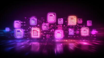 Abstract network grid with files and folders, futuristic software interface, digital document management system, store, search and organize documents, corporate business, paperless office	
