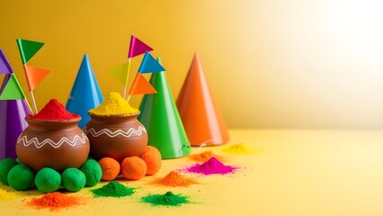 Vibrant holi festival celebration with colorful cones and pots