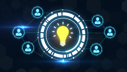 Illuminating Innovation: A digital graphic showcases a bright light bulb at the core, encircled by interconnected user icons, symbolizing the fusion of brilliant ideas.