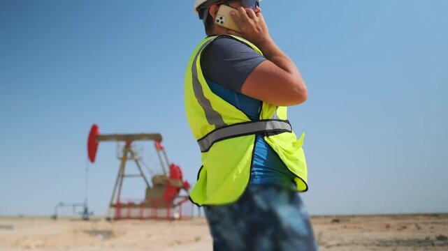 Engineer with tattooed arm in safety vest talks on phone, pointing at oil pump during report, explaining production situation under sunny desert wind and bright sky. Man points at oil pump.