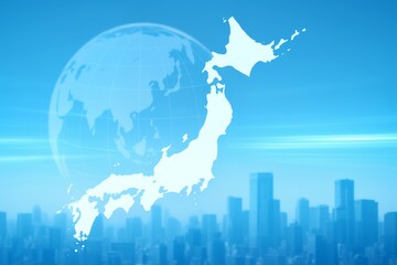 日本地図と都市景観を重ねて表現した国土と経済成長を象徴するビジュアルイメージ