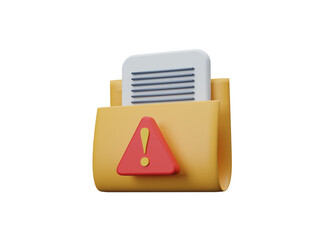 Warning and alert notification icon isolated on transparent background. Error, caution sign, exclamation mark, risk, urgent information, safety risk, construction warning, document error. 3d render 
