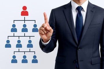 組織図と指示を示すビジネスマンが伝える会社組織と指揮系統のイメージ