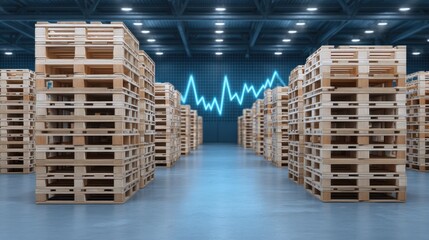 Wooden Pallets in Warehouse with Digital Graph Displaying Supply Chain Trends and Inventory Management Concepts for Logistics and Distribution Business
