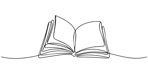Opened book with flying page and stars in one continuous line drawing, symbolizing magic of reading, Continuous one line drawing of book opening vector graphic illustration. Education books line art © Parboti