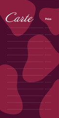 Carte Wine Card Menu Design in trendy Monochrome Burgundy with Column headings and Dots lines Sample. Vector illustration Wine Menu Cards Template Poster, leaflets, brochure design with abstract spots
