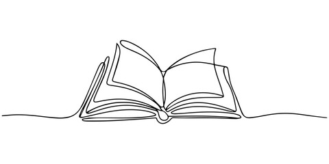 Opened book with flying page and stars in one continuous line drawing, symbolizing magic of reading, Continuous one line drawing of book opening vector graphic illustration. Education books line art © Parboti