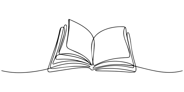 Opened book with flying page and stars in one continuous line drawing, symbolizing magic of reading, Continuous one line drawing of book opening vector graphic illustration. Education books line art