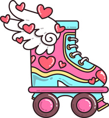 Cute Valentine Roller Skate with Hearts and Wing Cartoon 