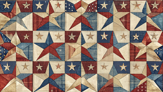 American patriotic quilt pattern with stars and stripes in red, white, and blue, rustic background