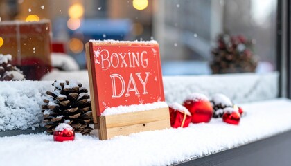 Boxing Day Sale Sign with Snow and Decorations