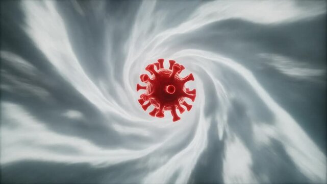 A conceptual 3d render of a dangerous red rotavirus particle spiraling through a dramatic white and gray abstract vortex background.