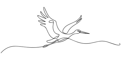 Naklejka premium flying bird with a wings and baby sign, Continuous one line drawing storks flying in sky. Bird as symbol for baby shower, delivery, news, pregnancy. Spring mood concept. Bird life nature. Single line