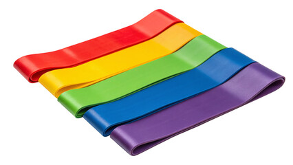 Set of five colorful resistance bands for fitness and exercise in red yellow green blue and purple arranged diagonally ,isolated on transparent background