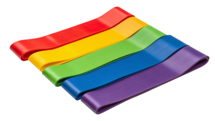 Set of five colorful resistance bands for fitness and exercise in red yellow green blue and purple arranged diagonally ,isolated on transparent background