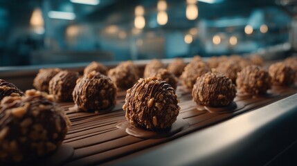 Chocolate-covered confections are expertly moving along a conveyor belt in a lively candy production area, showcasing their delicious textures and tempting appearance
