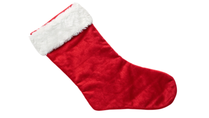 A bright red velvet christmas stocking with fluffy white trim,ready for holiday gifts,isolated on transparent background