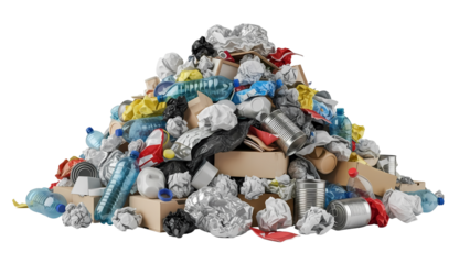 Large Pile of Mixed Recyclable Waste Materials on White Background