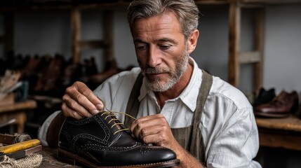A man is working on a shoe, possibly repairing it. The shoe is black and has a yellow shoelace. The man is focused on his task, and the image conveys a sense of craftsmanship and attention to detail
