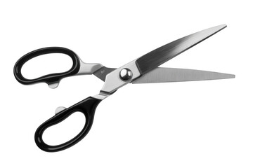 Silver scissors with black handles isolated on a transparent background