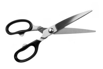 Silver scissors with black handles isolated on a transparent background
