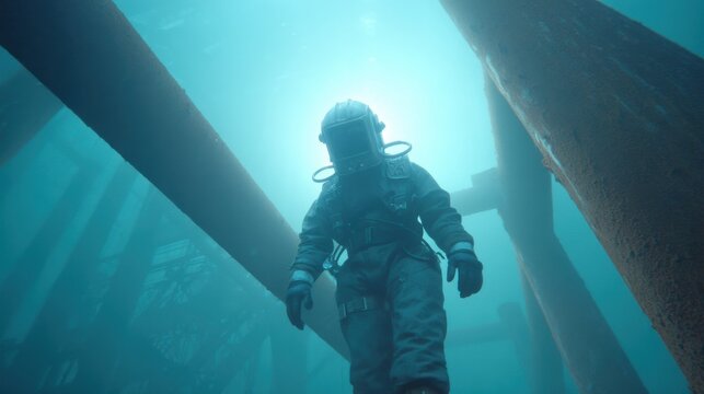 Deep Sea Diver Exploring Underwater Oil Rig Structures with Dramatic Light and Atmospheric Effects Beneath the Ocean Surface