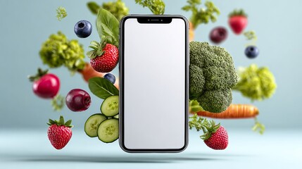 A phone is surrounded by a variety of fruits and vegetables, including strawberries, blueberries, broccoli, and carrots. Concept of freshness and health