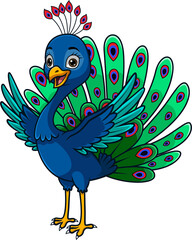 Happy Cartoon Peacock with Vibrant Feathers