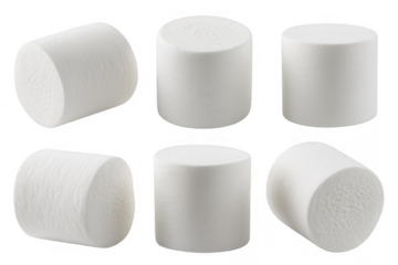 Six white cylindrical white cylinders isolated on a transparent background