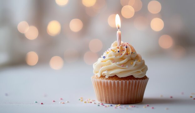 A cupcake with cream and a burning candle on a white background, with copy space for text. this stock photo is the winner of a contest, with a birthday cake concept.