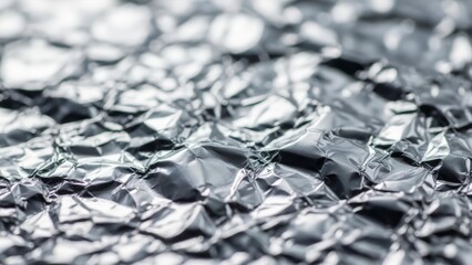 Close-up of crumpled aluminum foil with reflective surface and textured details.