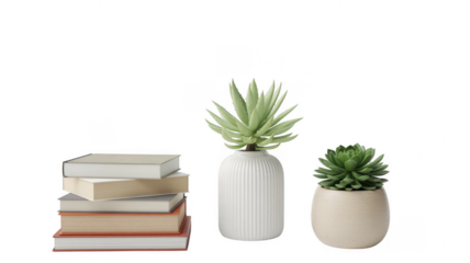 Stack of books with potted plants isolated on a transparent background