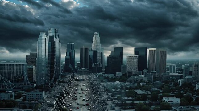 Aerial view of the city's massive destruction after the earthquake. A crack in the center of the metropolis, ruined buildings, and wrecked cars under a gloomy sky.