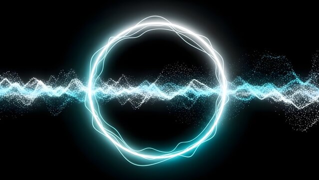 Glowing neon circle with digital audio wave particles. Voice assistant and sound technology concept. Abstract luminous ring with frequency spectrum visualization on black background.