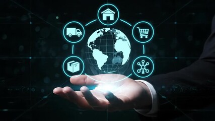 Futuristic Holographic Globe Displayed Above Open Hand with Digital Icons. - Powered by Adobe