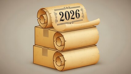 2026 Scroll on Stack of Scrolls and Boxes.