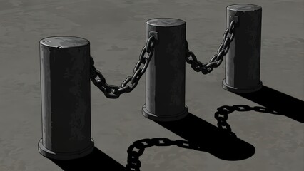 Three Bollards Connected by Heavy Chains Casting Shadows.