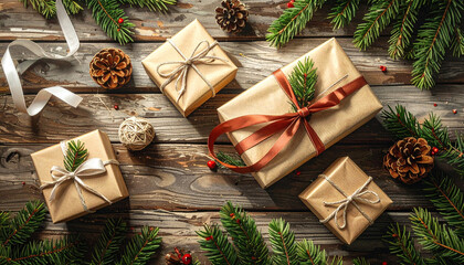 Festive Christmas Gifts and Evergreen Branches on Rustic Wooden Background