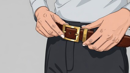 Close-up of a person fastening a brown leather belt with a gold buckle.
