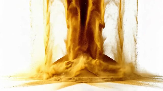 Abstract Sand Fall on White Background Forming Mound with Textured Surface and Particles