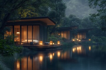 Fototapeta premium Several modern cabins with transparent glass walls positioned amid forest landscape