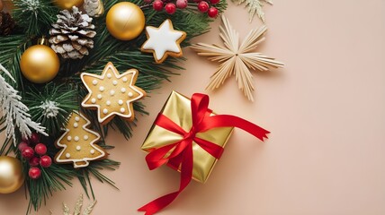 Christmas decoration composition on light gold background with beautiful Golden gift box with red ribbon, fir branches, cones, stars, Christmas cookies,cinnamon, top view, copy space, banner format.