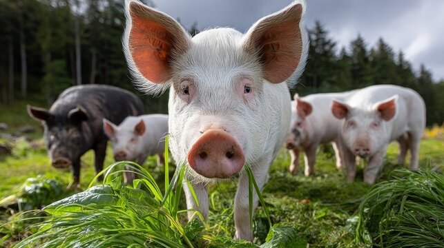 A group of pigs are eating grass in a field. One of the pigs is looking at the camera