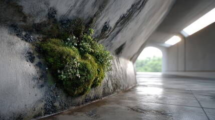 A mossy plant is growing on a concrete wall in a tunnel. The plant is surrounded by concrete and he is thriving in the damp environment. Concept of resilience and adaptability