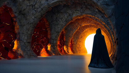 la morte, eterea figura di uno spirito, attende davanti alla luce in fondo alla fine del tunnel, Death, the ethereal figure of a spirit, waits in front of the light at the end of the tunnel