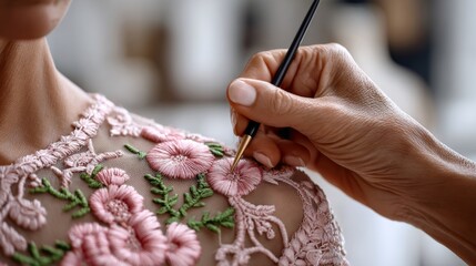 Obraz premium A woman is painting a flower design on a woman's back. The woman is using a brush and a pen to create the design. The design is pink and green, and it looks like a flower