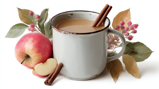 A mug of coffee with cinnamon sticks and an apple on the table. The coffee mug is white and the apple is red - Powered by Adobe