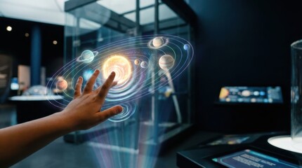 Fototapeta premium A person interacts with a holographic display of the solar system, showcasing planets and galaxies in a modern exhibit space.