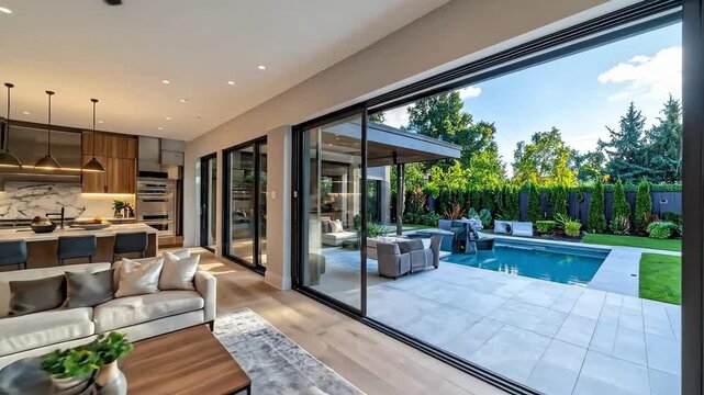 Modern Living Room Interior With Pool View Through Sliding Doors Sunny Day