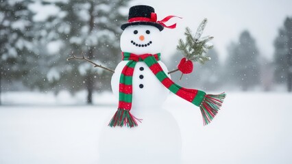 A charming snowman standing in a snowy winter landscape. 
